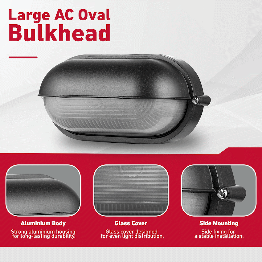 Ellies Arc Series - Large AC Oval Bulkheads - Aluminium + Glass - E27 Base -BK