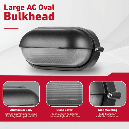 Ellies Arc Series - Large AC Oval Bulkheads - Aluminium + Glass - E27 Base -BK