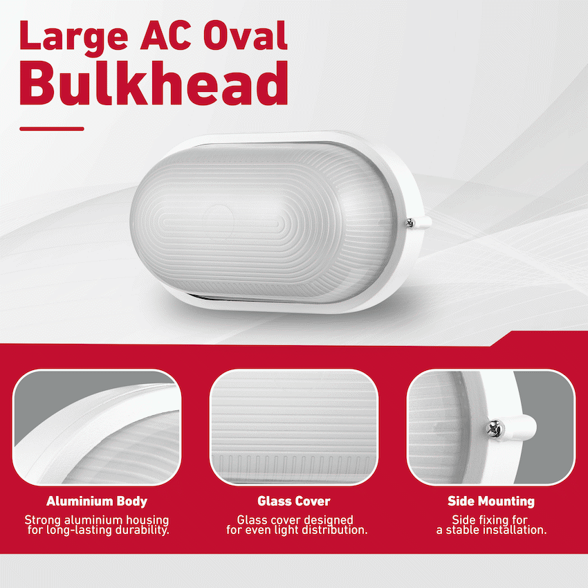 Ellies Illume Series - Large AC Oval Bulkhead - Aluminium + Glass - E27 Base -WT