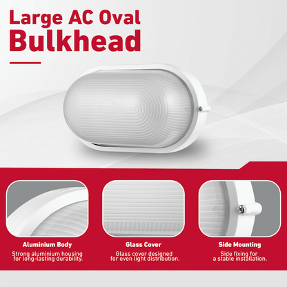 Ellies Illume Series - Large AC Oval Bulkhead - Aluminium + Glass - E27 Base -WT