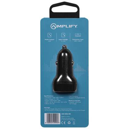 Amplify Volto Series Dual Car Charger 32W (Type-C + USB) - Black
