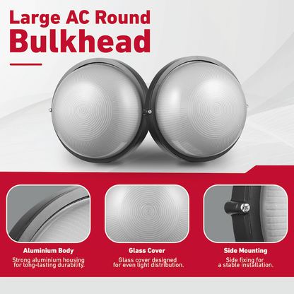 Ellies Illume Series - Large AC Round Bulkhead - Aluminium + Glass - E27 Base -BK