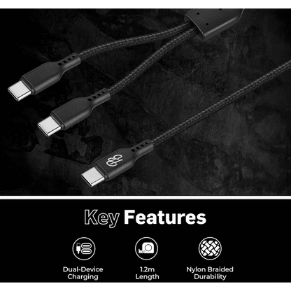 Pro Bass Cord Series 1.2m 15w USB-C to 2x USB-C Braided - Black