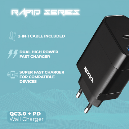 Rocka Rapid Series QC3.0 + PD Wall Charger, 18w, with Cable