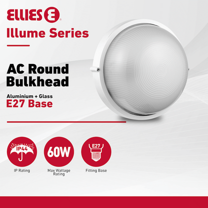 Ellies Illume Series - AC Round Bulkhead - Aluminium + Glass - E27 Base -WT