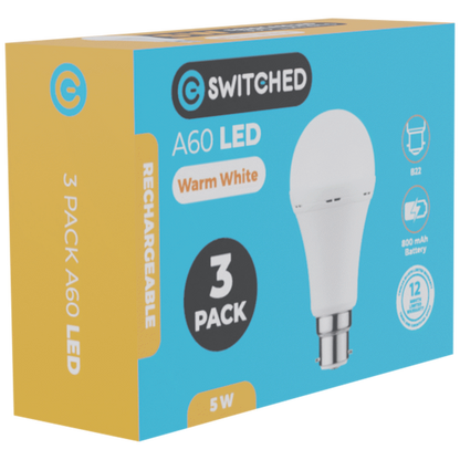 Switched 5w A60 Rechargeable B22 LED Light Bulb - WW - 3 Pack