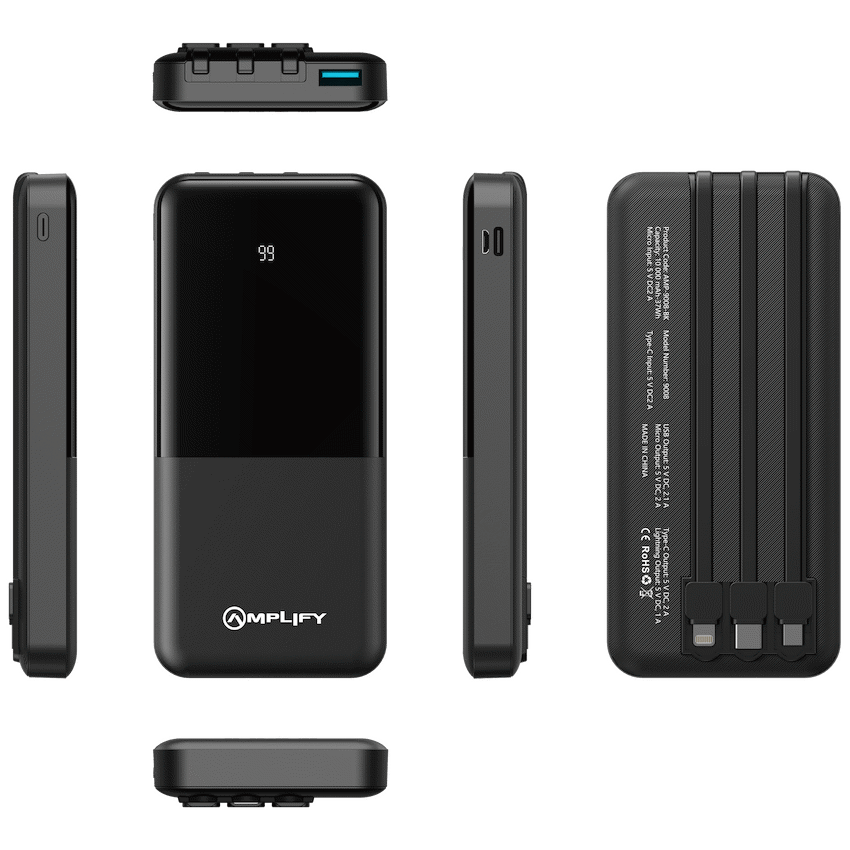 Amplify 10000mAh Power Bank with Integrated Cables - Black