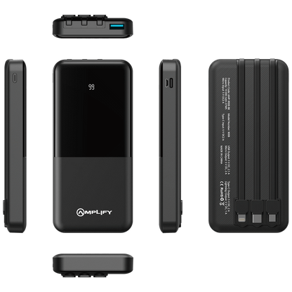 Amplify 10000mAh Power Bank with Integrated Cables - Black