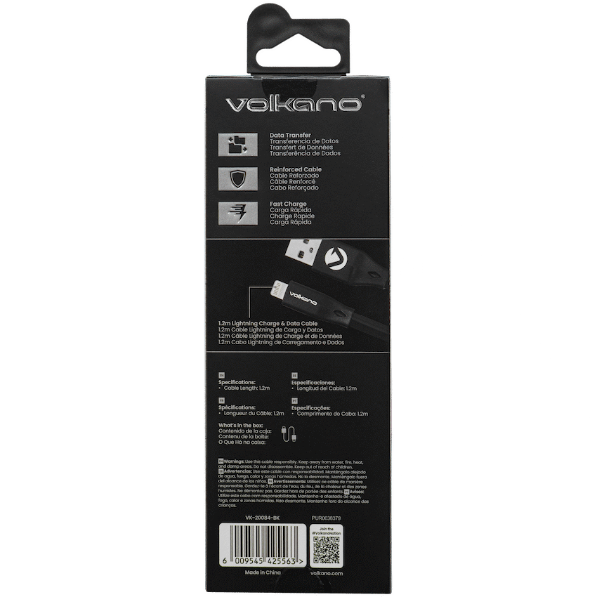 Volkano Slim Series Flat PVC Lightning Cable 1.2m - Black