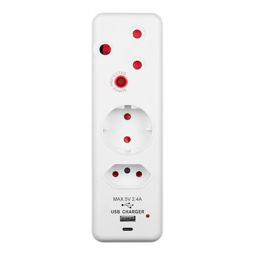 Ellies 3 Way Surge adaptor Schuko,with type C + USB - WT
