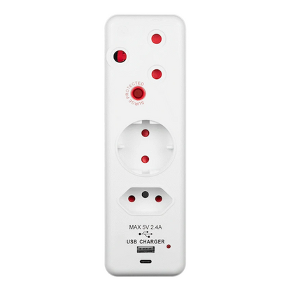 Ellies 3 Way Surge adaptor Schuko,with type C + USB - WT