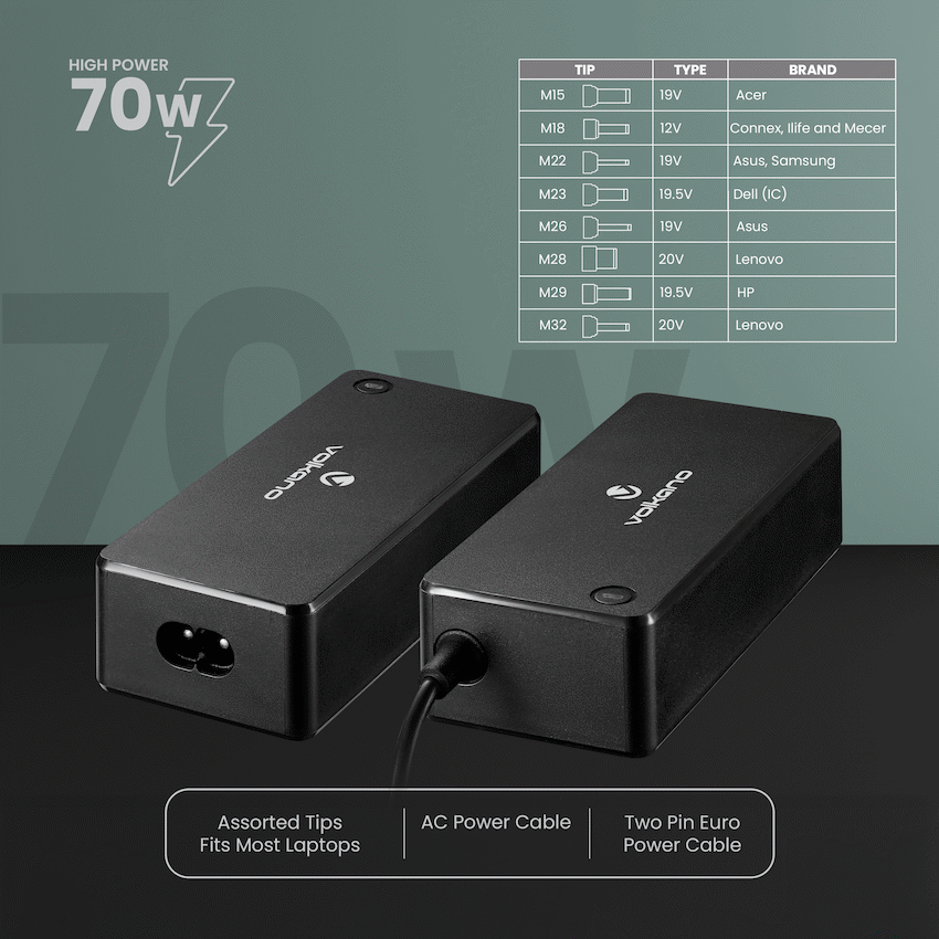 Volkano Omni Plus Universal 70W laptop charger with 12V out