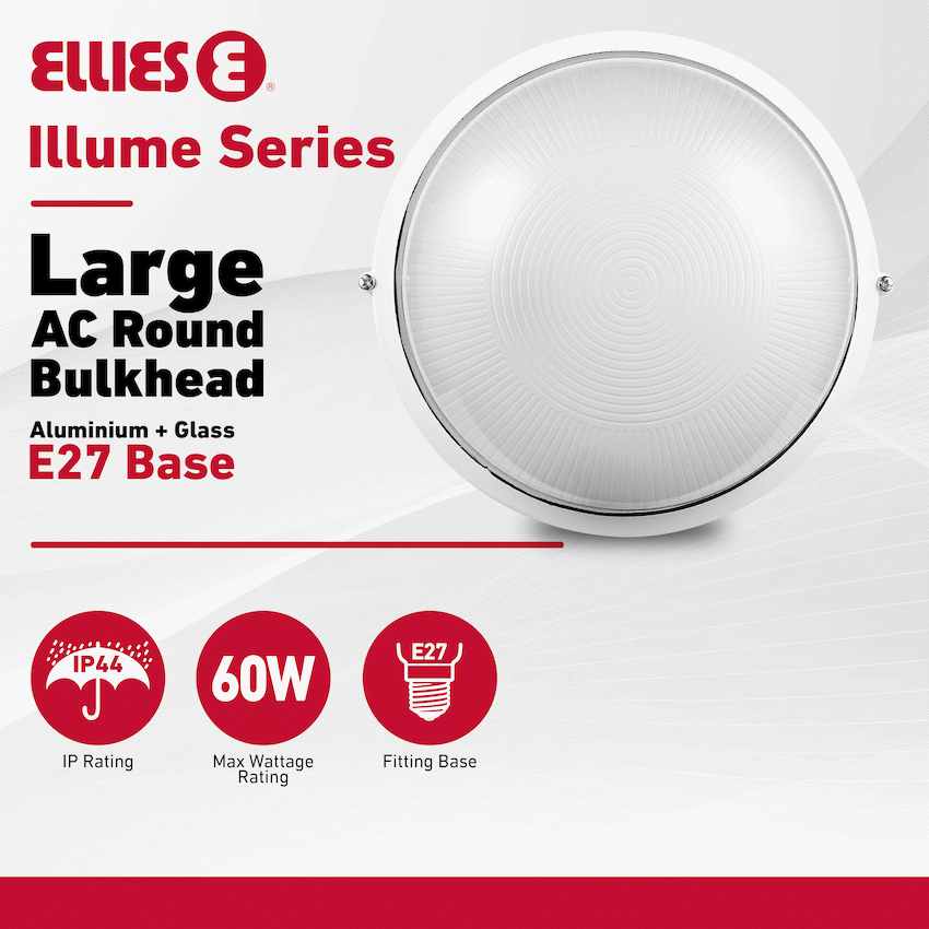 Ellies Illume Series - Large AC Round Bulkhead - Aluminium + Glass - E27 Base -WT