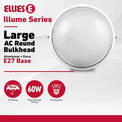 Ellies Illume Series - Large AC Round Bulkhead - Aluminium + Glass - E27 Base -WT