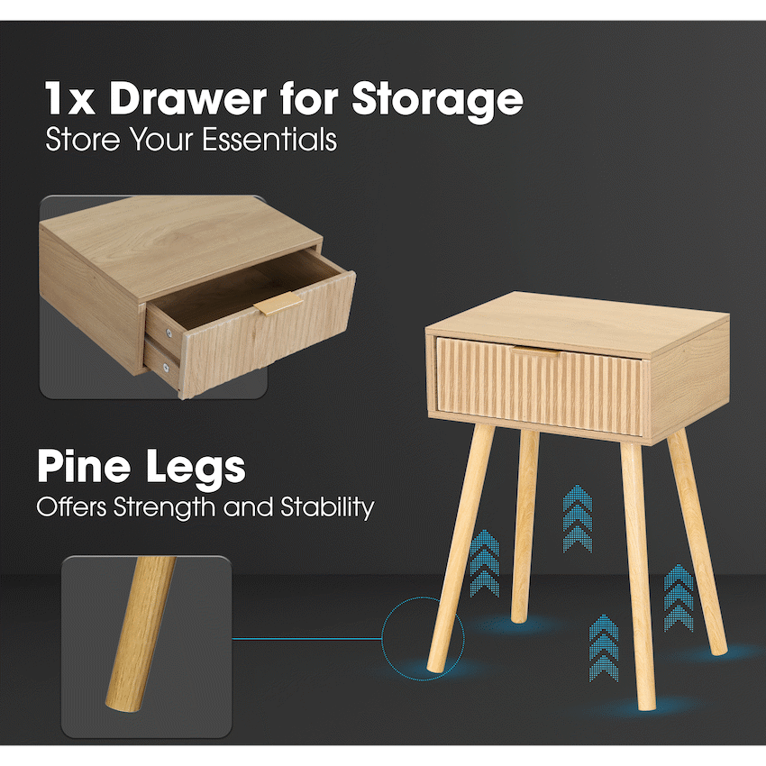 Everfurn Yoko Side Table Wood, Melamine, Pine Wood Legs, 1x Drawer