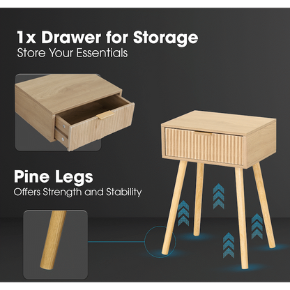 Everfurn Yoko Side Table Wood, Melamine, Pine Wood Legs, 1x Drawer