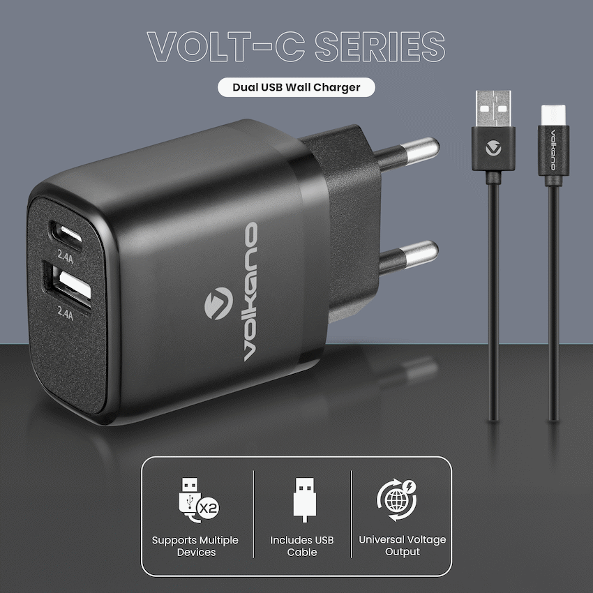 Volkano Volt-C Series Dual USB and USB-C Wall Charger with USB to USB-C Cable Included
