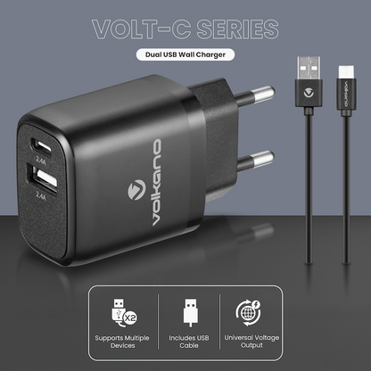 Volkano Volt-C Series Dual USB and USB-C Wall Charger with USB to USB-C Cable Included