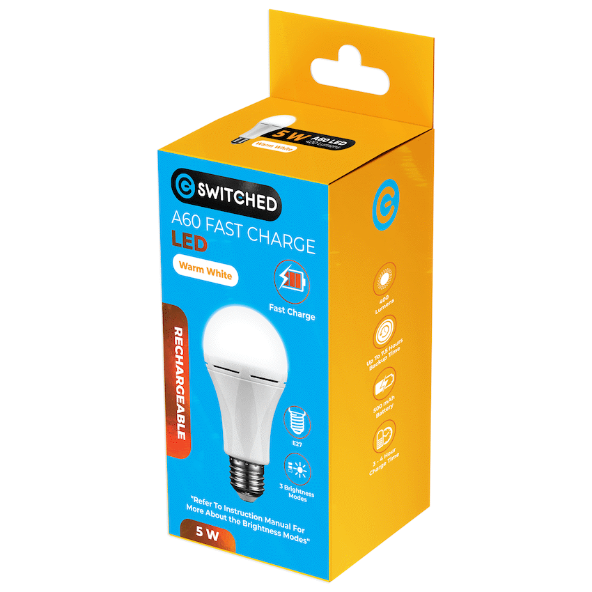 Switched 5w A60 Rechargeable Fast Charge E27 LED WW