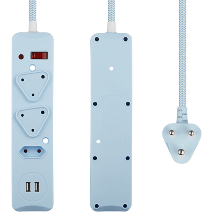SWITCHED 3 Way Medium Surge Protected Multiplug with Dual 2.4A USB Ports 0.5M Braided Cord