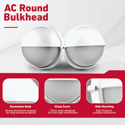 Ellies Arc Series - AC Round Bulkhead - Aluminium + Glass - E27 Base -WT