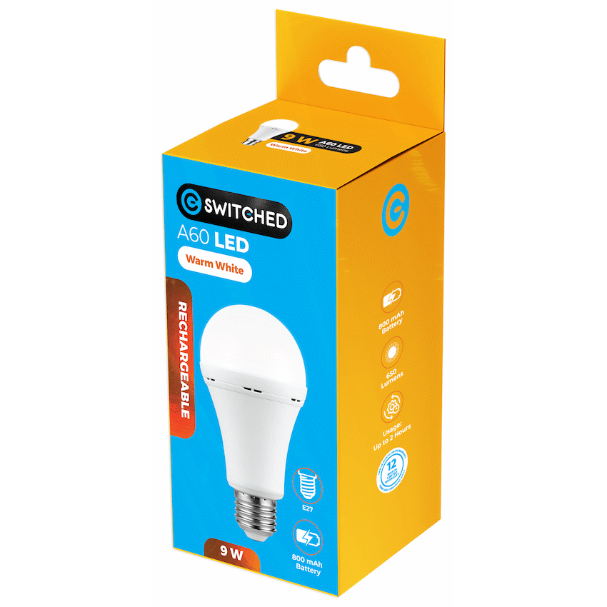 Switched 9w A60 Rechargeable LED Light Bulb - E27 - Warm White