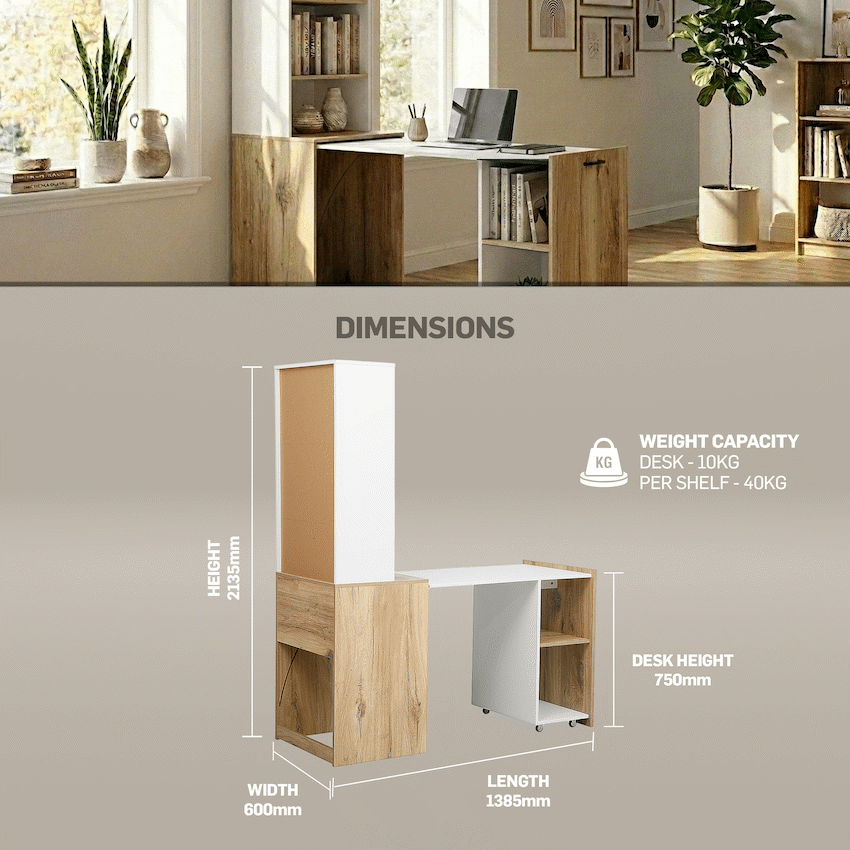 Everfurn Adaptive Desk with Bookshelf - White and Light Oak