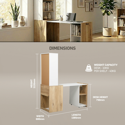 Everfurn Adaptive Desk with Bookshelf - White and Light Oak