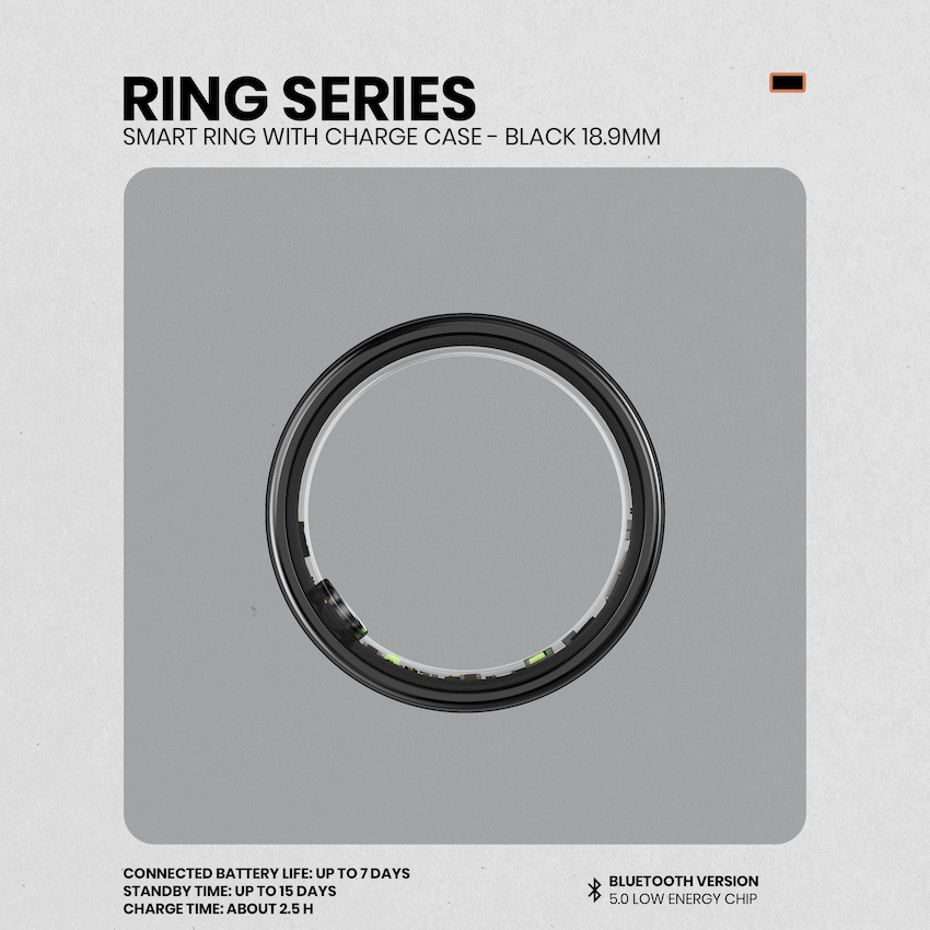 Volkano Ring Series Smart Ring with Charge Case - Black 18.9mm