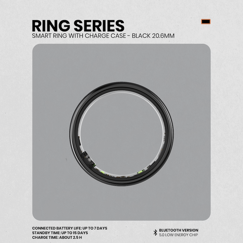 Volkano Ring Series Smart Ring with Charge Case - Black 20.6mm