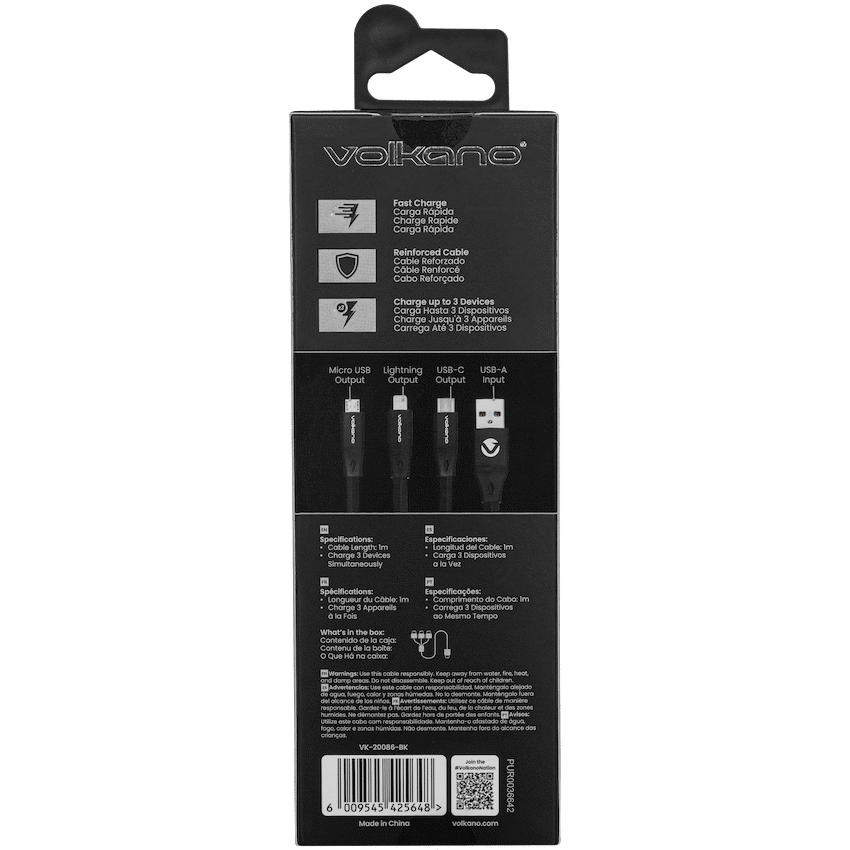Volkano Slim Series Flat PVC 3-in-1 (Type-C / Lightning / Micro) Cable 30W 1m- Black