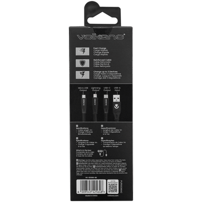 Volkano Slim Series Flat PVC 3-in-1 (Type-C / Lightning / Micro) Cable 30W 1m- Black