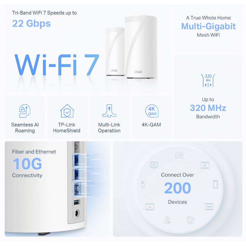 TP-Link Deco BE85 (1-Pack) BE19000 Tri-Band Whole Home Mesh Wi-Fi 7 System