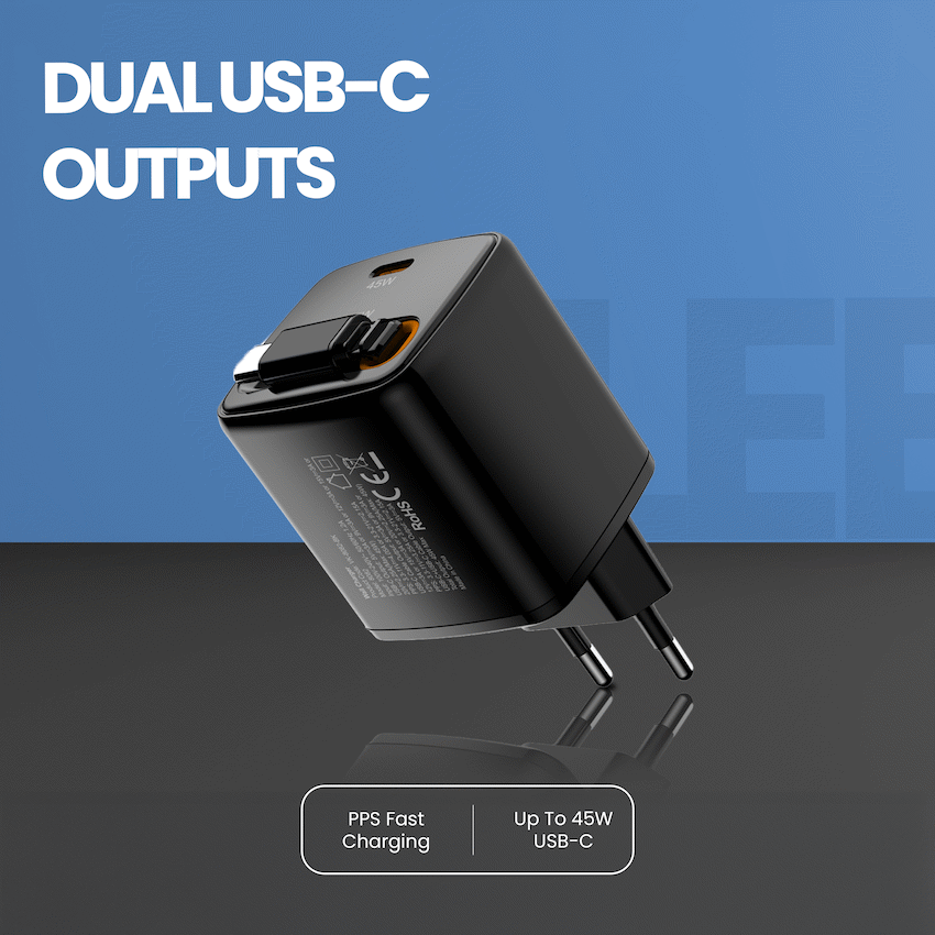 Volkano Sleek Series Fast Wall Charger 45W USB-C with Built-in Retractable 75cm Cable - Black