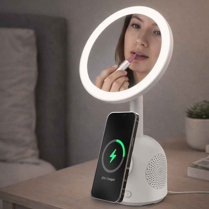 ZEN Unify Series Wireless Phone Charger with Bluetooth Speaker and Mirror - White