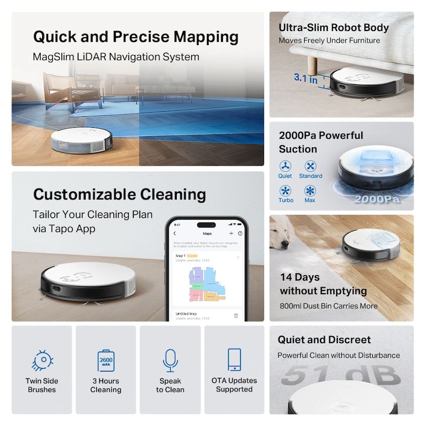 TP-Link Tapo RV20 Robot LIDAR Vacuum, 2600 mAh