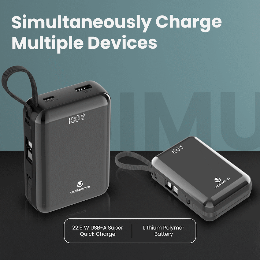 Volkano Solace Series 20 000 mAh Power Bank with Built-in USB-C & Lightning Cable - Black