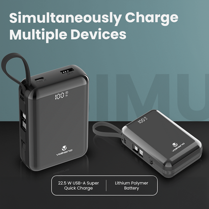 Volkano Solace Series 20 000 mAh Power Bank with Built-in USB-C & Lightning Cable - Black