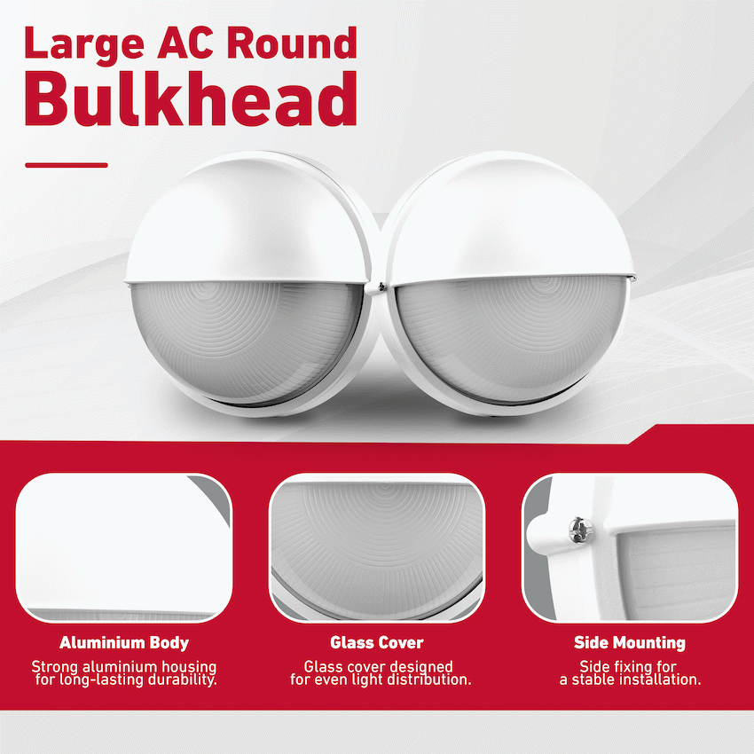 Ellies Arc Series - Large AC Round Bulkhead - Aluminium + Glass - E27 Base -WT