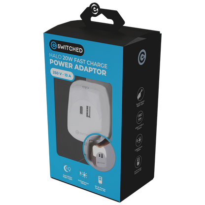 Switched Halo Fast Charge Power Adaptor, USB and Type-C Ports, Output 20w - Soft Touch Night Light