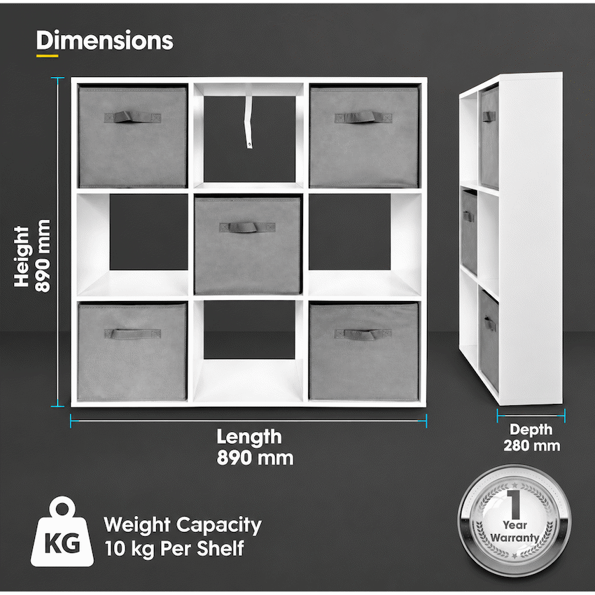 Everfurn Ninefold Bookshelf with 5 Storage Bins
