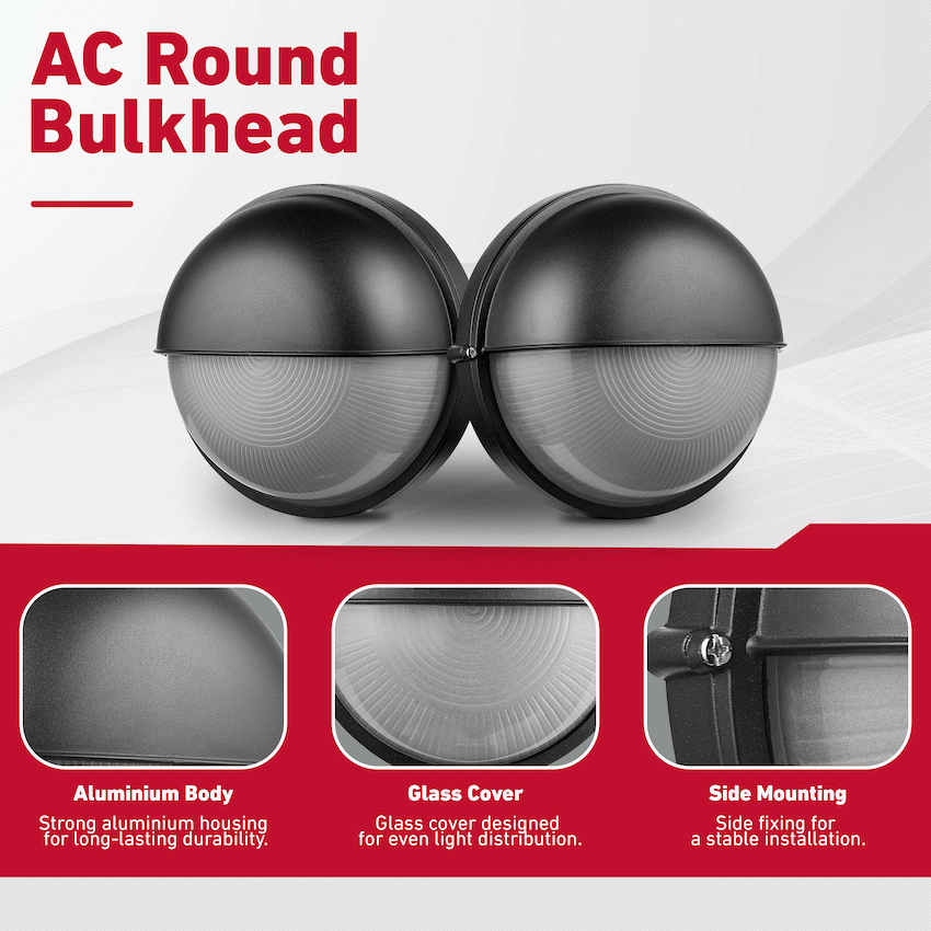 Ellies Arc Series - AC Round Bulkhead - Aluminium + Glass - E27 Base -BK