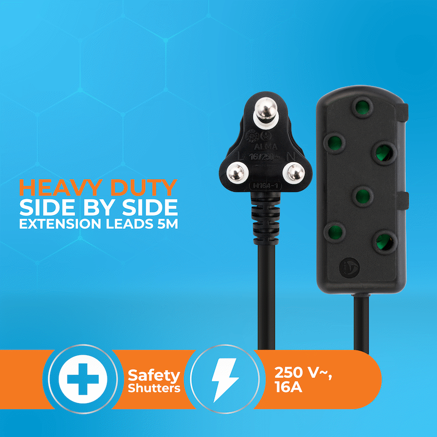 Switched Heavy Duty Side by Side (SBS) Extension Leads 5m - BK