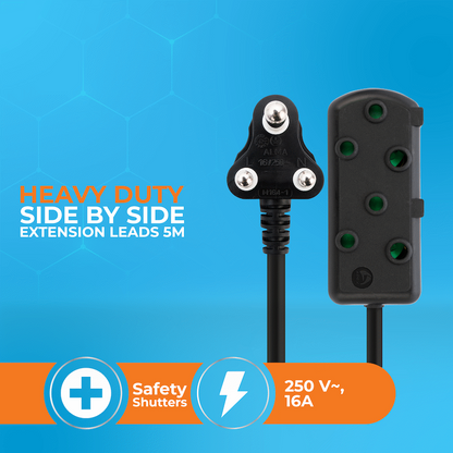 Switched Heavy Duty Side by Side (SBS) Extension Leads 5m - BK