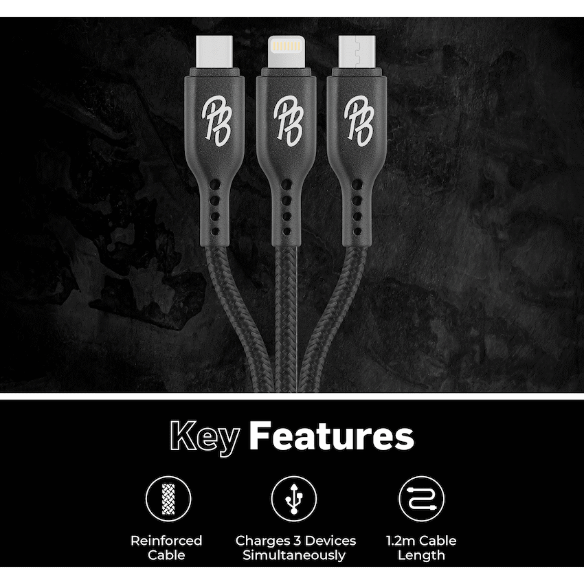 Pro Bass Braided 3-in-1 Charge Cable 1m - Black