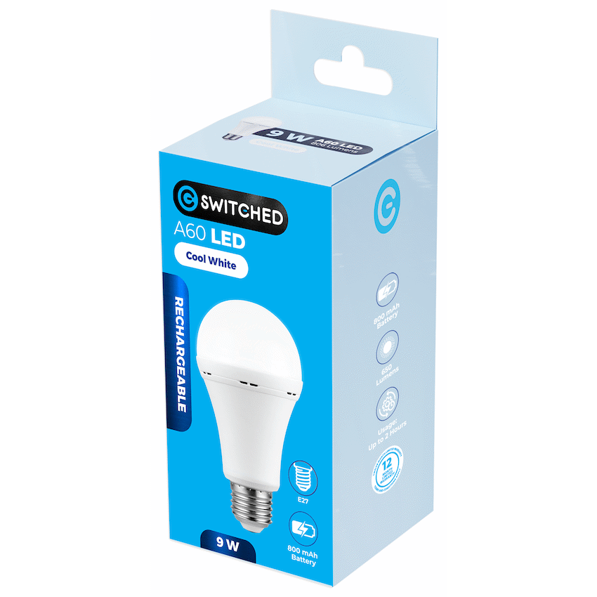 Switched 9w A60 Rechargeable LED Light Bulb E27 - Cool White