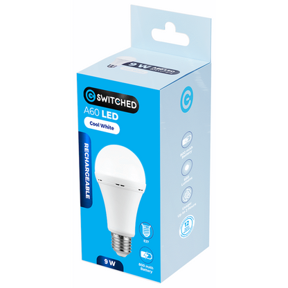Switched 9w A60 Rechargeable LED Light Bulb E27 - Cool White