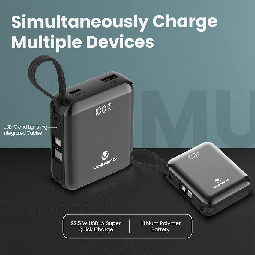 Volkano Solace Series 10 000 mAh Power Bank with Built-in USB-C & Lightning Cable - Black