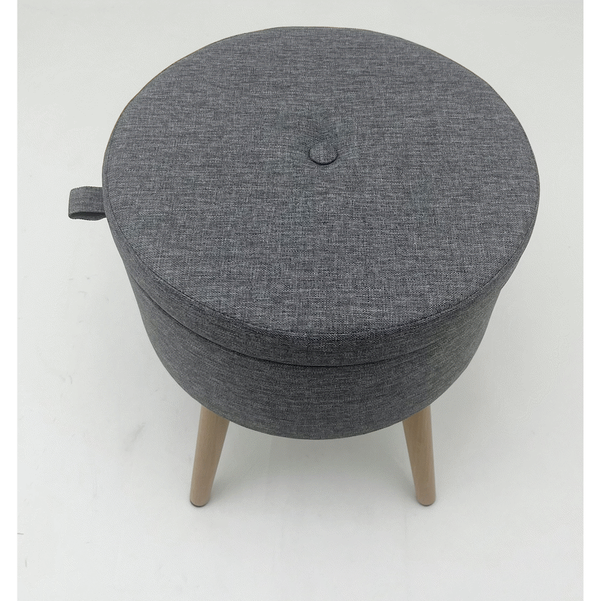 Sophie Round Storage  Stool with wooden legs - Grey