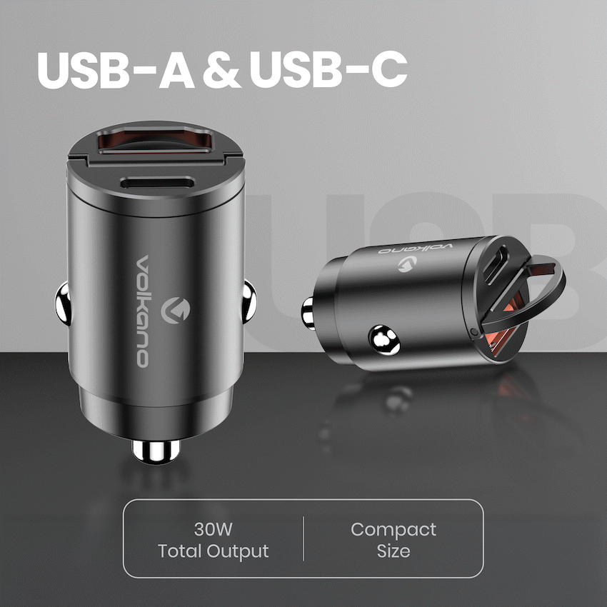 Volkano Obscurix Series 30w PD Dual USB-A and USB-C Ultra Small Car Charger